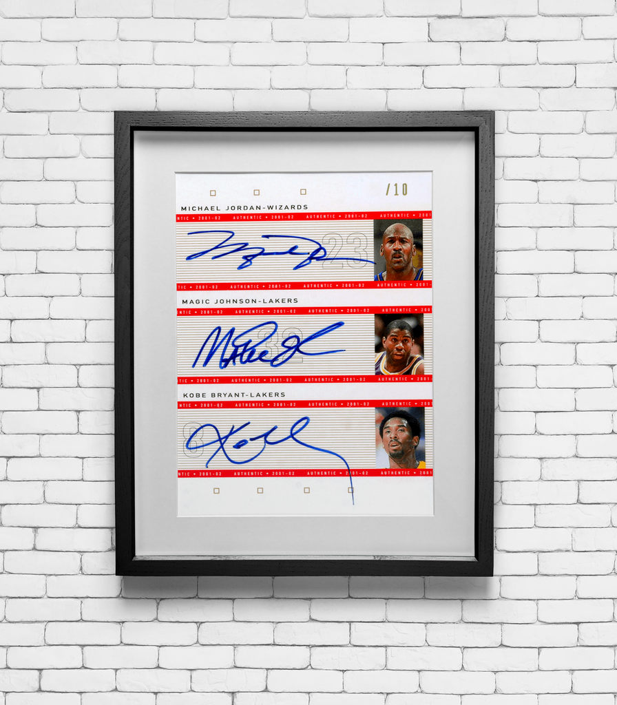 2001 Upper Deck SP Michael Jordan, Magic Johnson, Kobe Bryant #MJMGKB Triple Auto Card Print